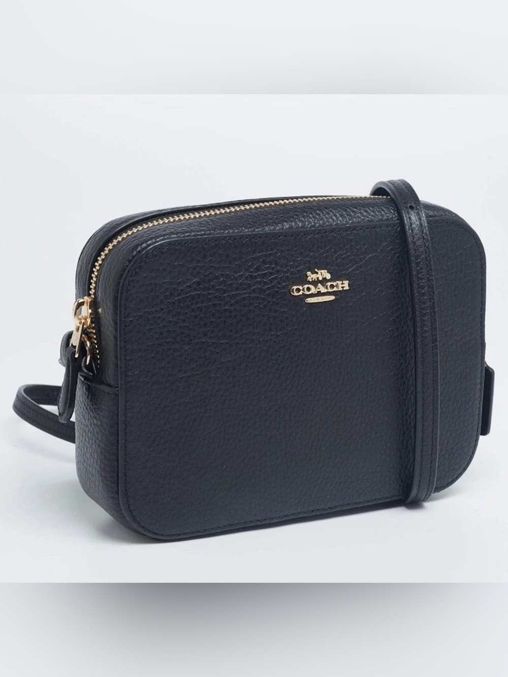 Coach Black Pebbled Leather Camera Bag with Gold Hardware